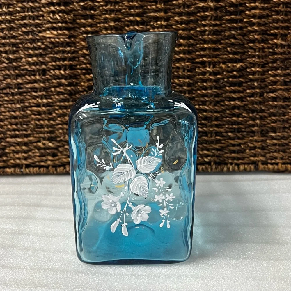 Vintage Victorian Blue Art Glass Enameled Hand-Painted Pitcher